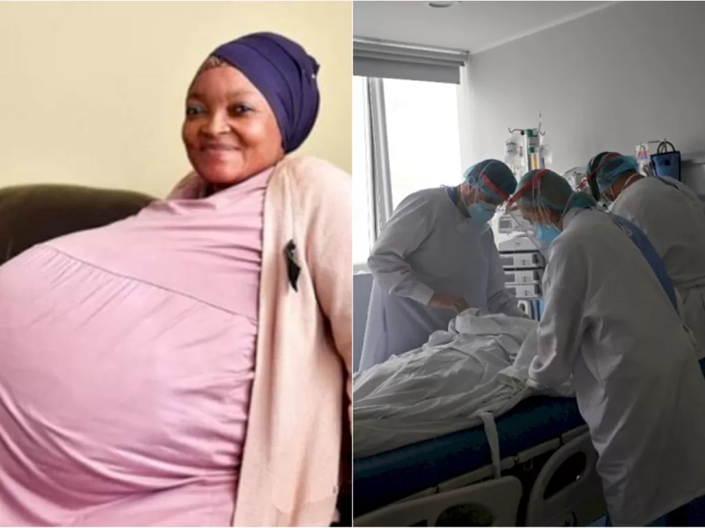 Kiri: Wanita yang melahirkan 10 bayi kembar. (Newsflash) / Kanan: Ilustrasi pasien Covid-19. (REUTERS/Luisa Gonzalez)
