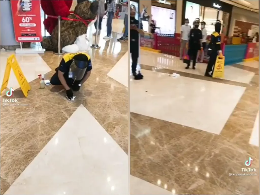  Cuplikan petugas kebersihan yang bersihkan kotoran anjing di lantai mall. (photo/TikTok)