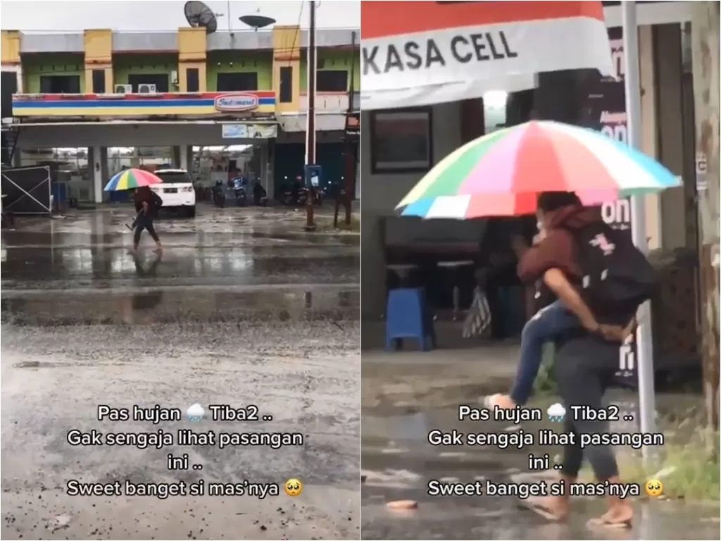Pria gendong pasangannya di tengah hujan (TikTok/riiieee23)