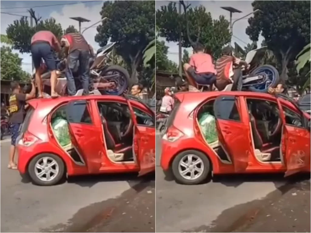 Kecelakaan antara rombongan sunmori dengan pengendara mobil di Kediri (YouTube/ KOQUEZ 93)