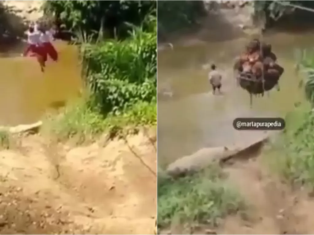 Video viral bocah sebrangi sungai dengan cara gelantungan. (Istimewa)