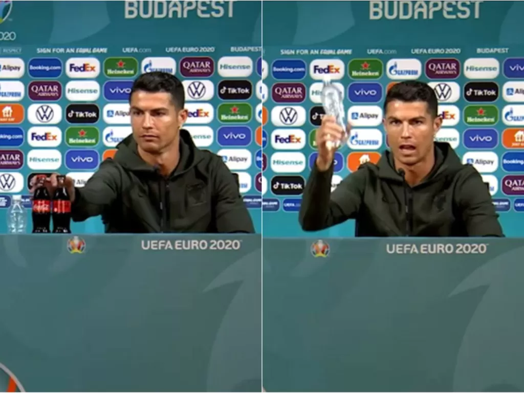 Cristiano Ronaldo singkirkan 2 botol minuman soda sponsor EURO 2020 saat konferensi pers. (Screenshoot/SunSport)