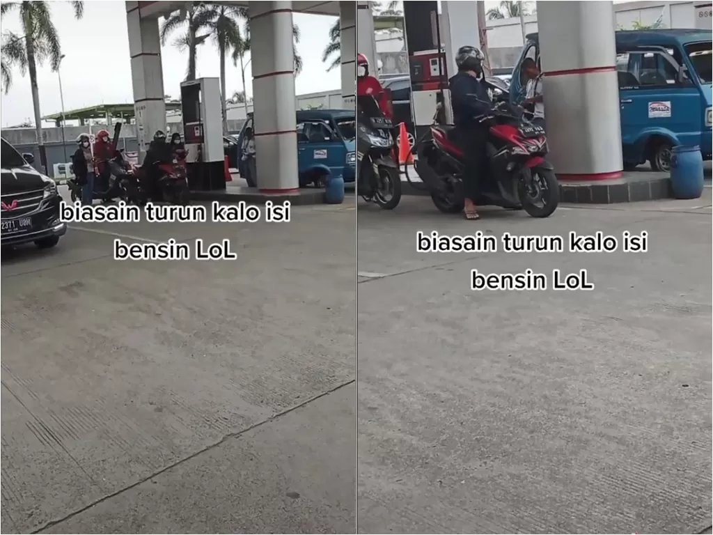 Pemotor kena hujat pria perekam video karena tak turun dari motor saat isi bensi di SPBU (TikTok/syah_ta)