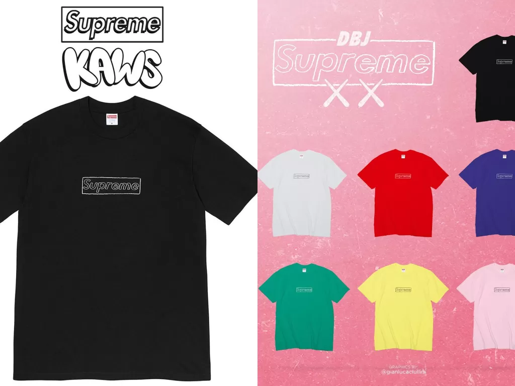 Tampilan t-shirt hasil kolaborasi Supreme dengan KAWS. (photo/Instagram/@supreme_leaks_news/ Twitter/@DropsByJay)