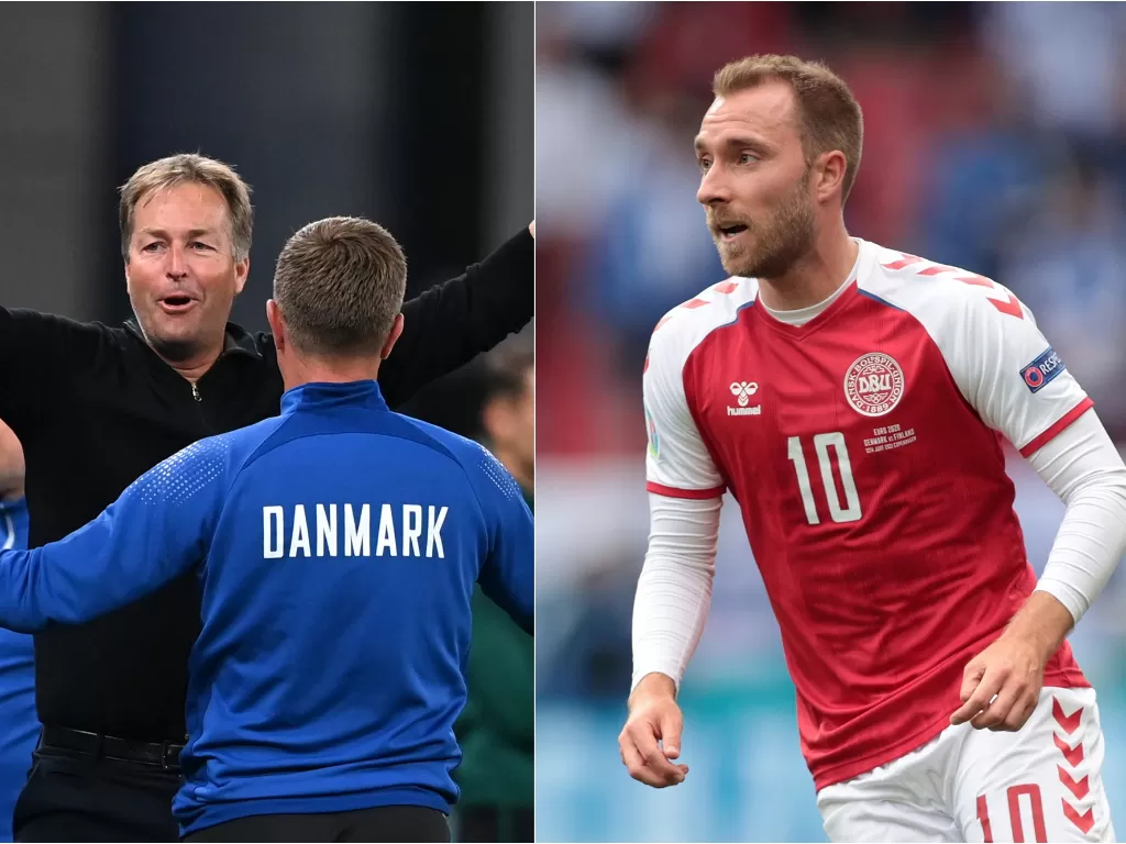 Kasper Hjulmand, pelatih Denmark (kiri), Christian Eriksen (kanan). (photo/REUTERS/STUART FRANKLIN/HANNAH MCKAY)