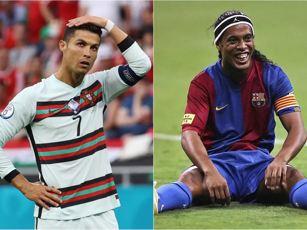 Cristiano Ronaldo (kiri), Ronaldinho berkostum Barcelona (kanan). (photo/REUTERS/BERNADETT SZABO/Instagram/@ronaldinho)