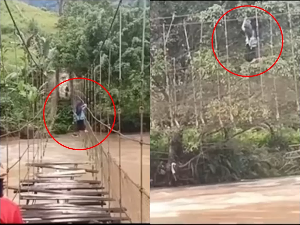Pelajar bergantung di tali jembatan saat menyeberangi sungai di Sulawesi Barat (Instagram/undercover.id)