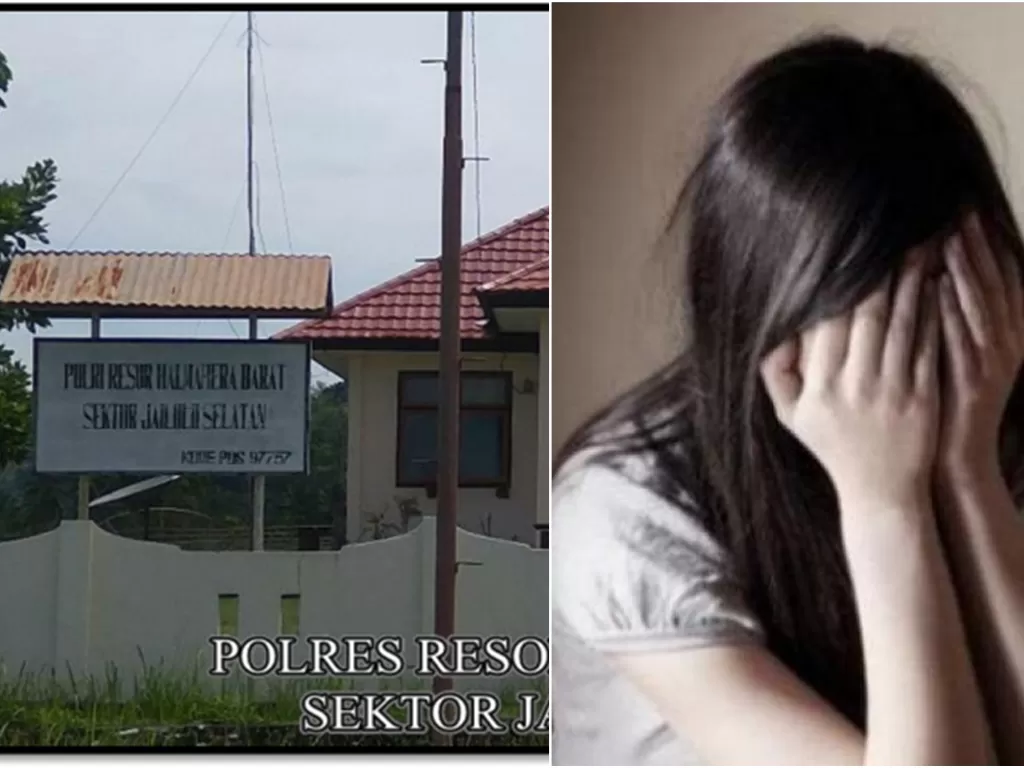 Kantor Polsek Jailolo Selatan dan ilustrasi korban pemerkosaan. (Ist)