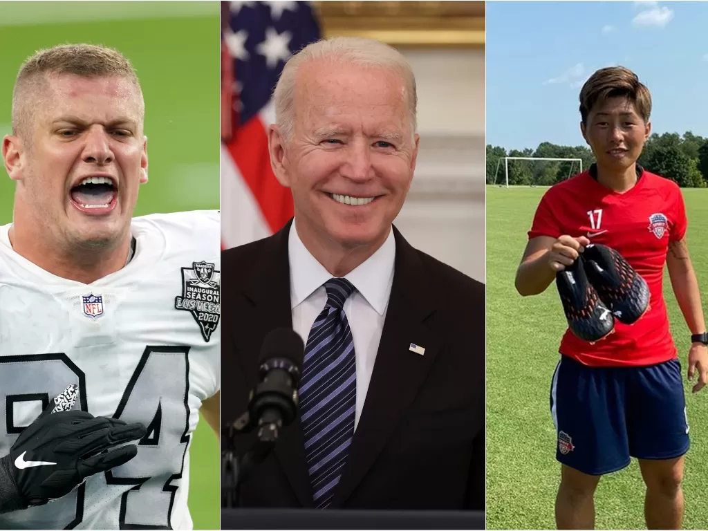 Carl Nassib, pemain American Football (kiri), presiden AS Joe Biden (tengah), Kumi Yokoyama, pemain sepak bola wanita Jepang (kanan). (photo/REUTERS/USA Today Sports/JONATHAN ERNST/Instagram/@yoko10_official)