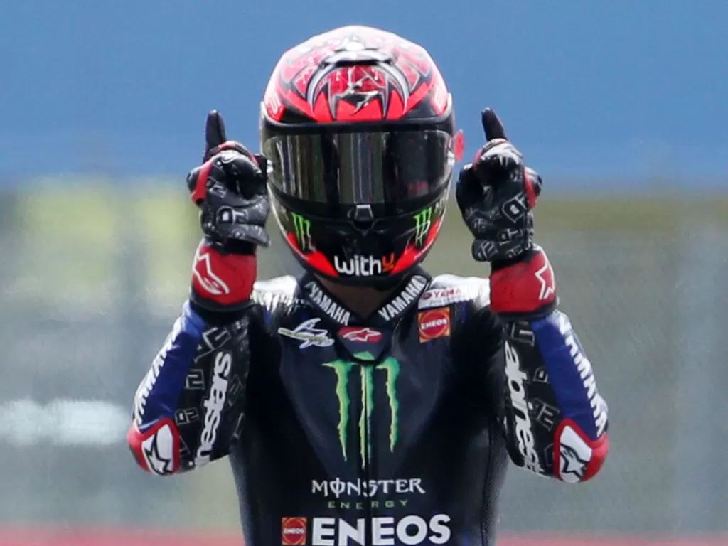 Fabio Quartararo saat melakukan selebrasi di MotoGP Belanda (photo/REUTERS/Yves Herman)
