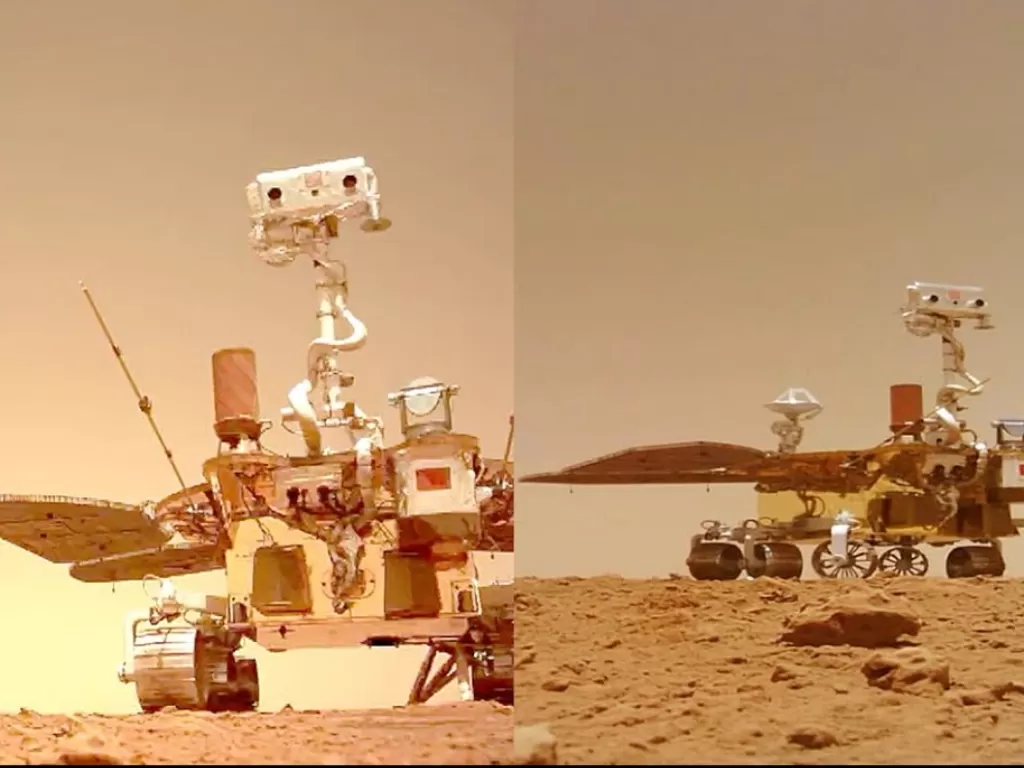 Tampilan rover Mars Zhurong buatan CNSA saat berada di Mars (photo/YouTube/SciNews)