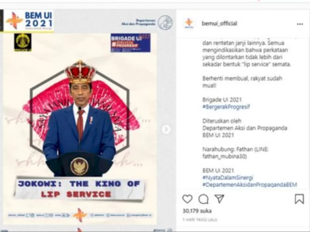 Postingan Jokowi The King of Lip Service di Instagram BEM UI (Instagram @bemui_official).