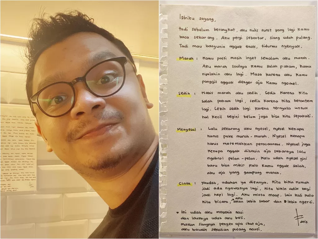Suami tulis surat untuk istrinya yang ditempelkan di dinding dapur (Twitter/@farisandani)