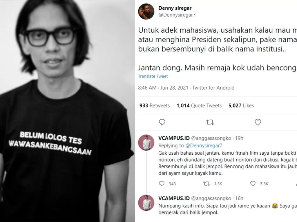 Angga Sasongko sentil Denny Siregar. (Instagram/@anggasasongko) / Cuitan Denny Siregar. (Twitter/@dennysiregar7)