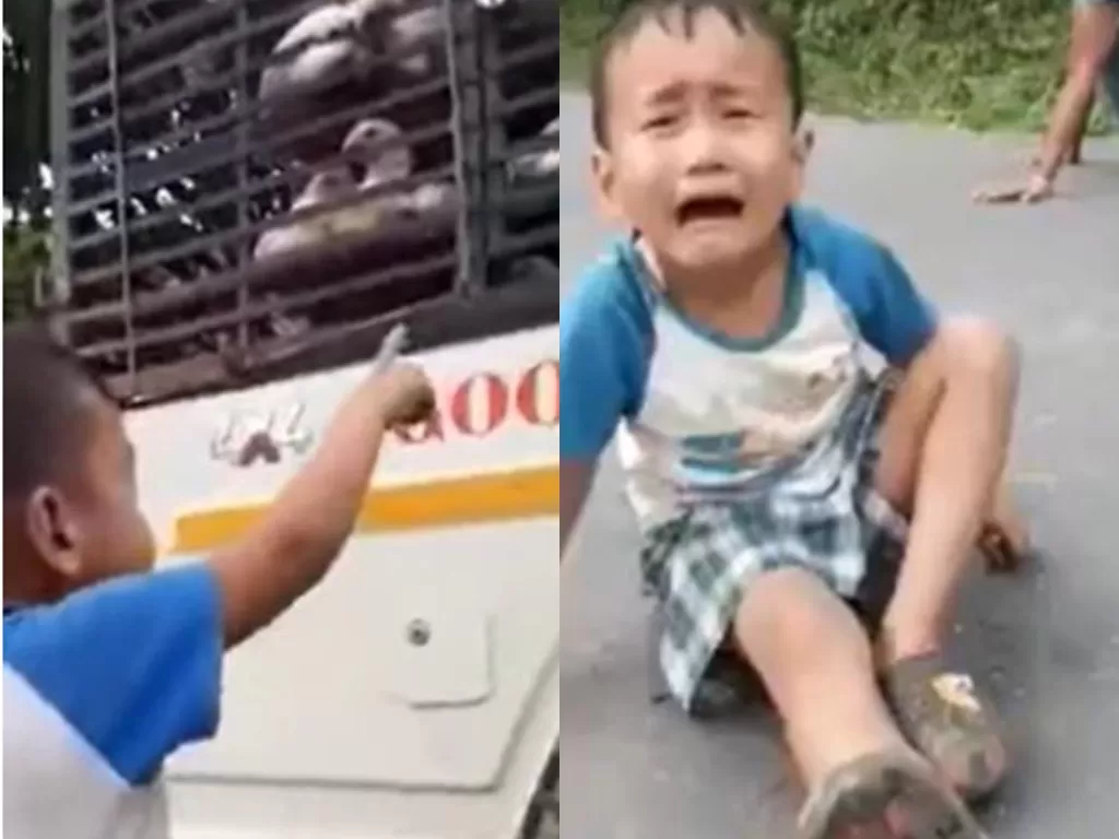 Bocah ini menangis karena ayam yang dirawatnya dibawa pergi. (Photo/Facebook)