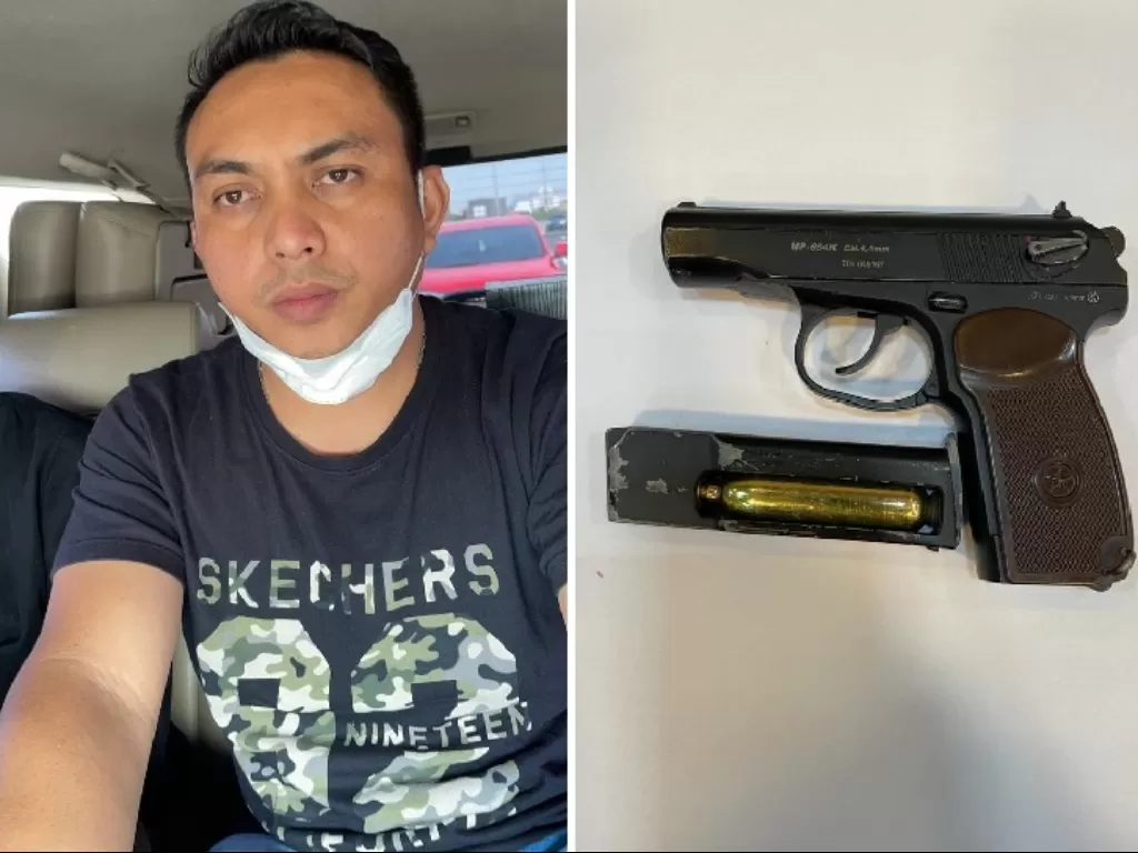 Pelaku viral penganiaya sopir truk di Jakut dan senjata yang dimiliknya. (Dok. Istimewa).