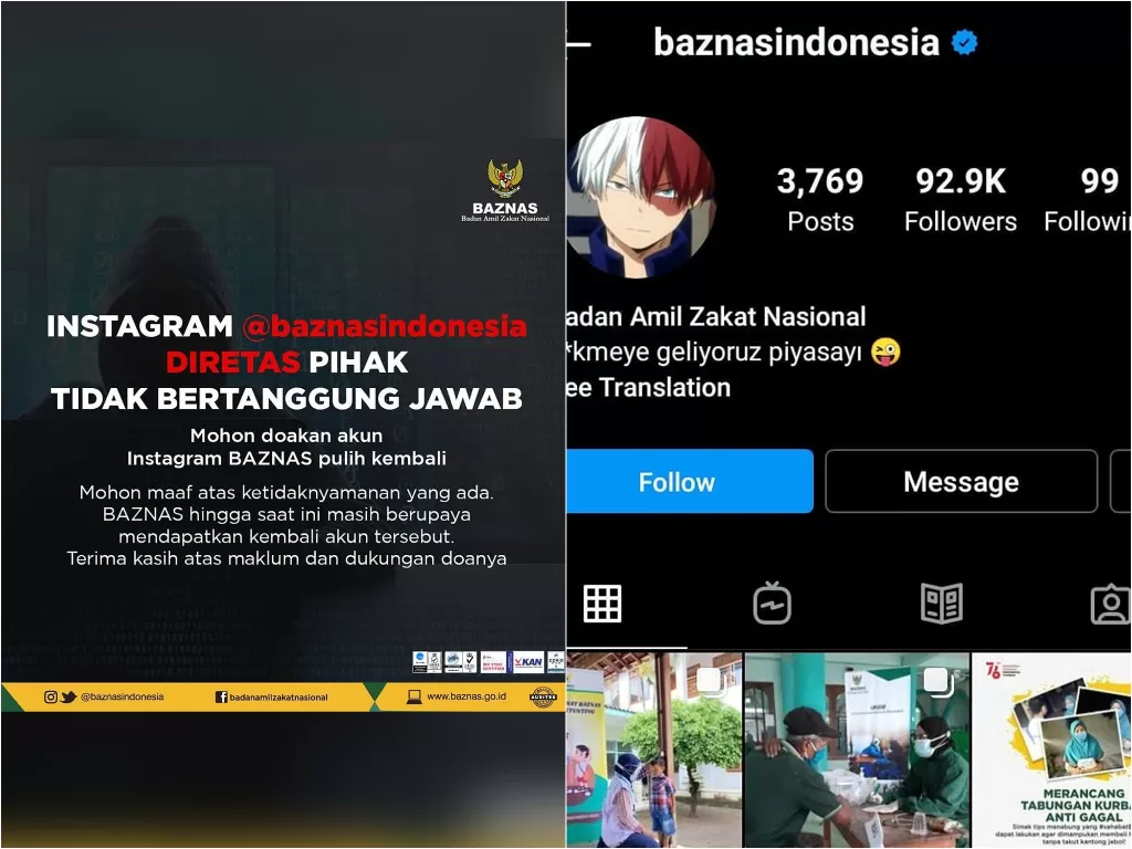 Tangkapan layar Instagram Baznas yang mendapatkan serangan siber. (photo/Instagram/@baznasindonesia)