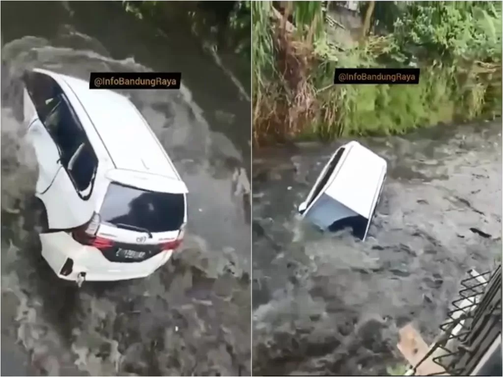 Mobil Toyota Avanza hanyut terbawa arus sungai di Bandung (Instagram/infobandungraya)
