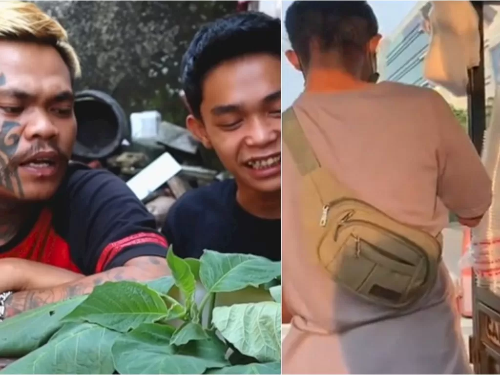 Kiri:  Cuplikan video viral dua pria mukbang daun kecubung. (photo/Youtube/mara FM) / Kanan: Penjual es campur diduga intel yang sedang menyamar. (Ist)
