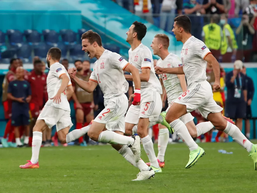 Selebrasi Timnas Spanyol lolos ke semifinal Euro 2020 ool via (REUTERS/Maxim Shemetov/File Photo)