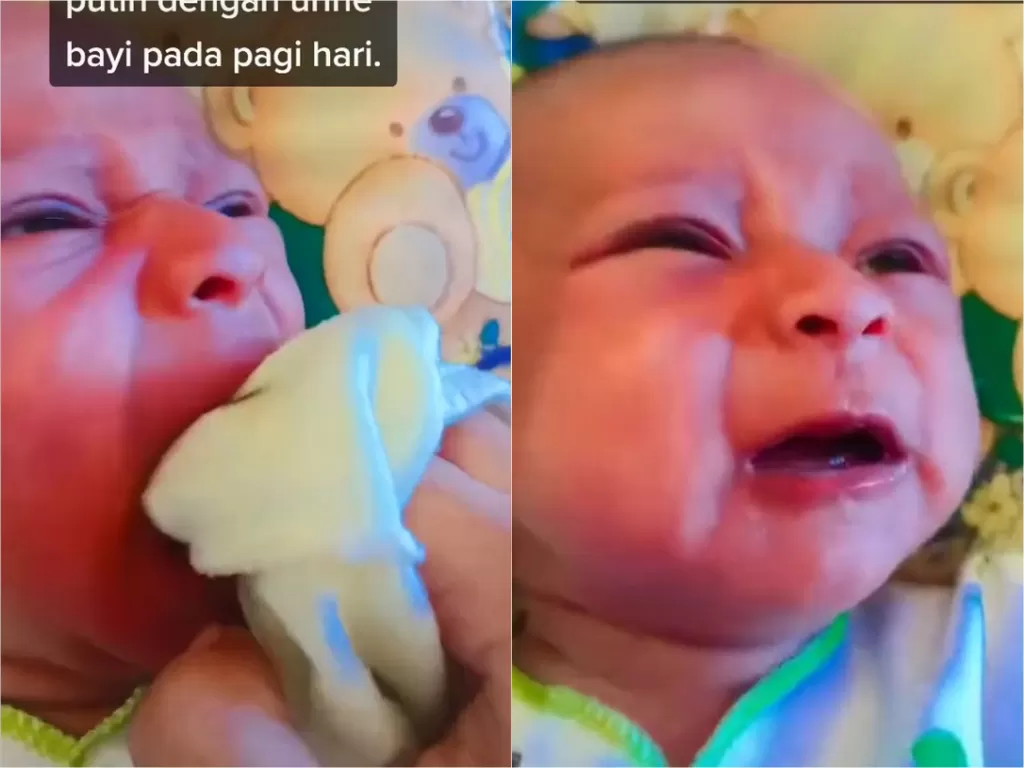 Bayi yang lidahnya sedang dibersihkan menggunakan urine  (TikTok @mamamudaanakdua)
