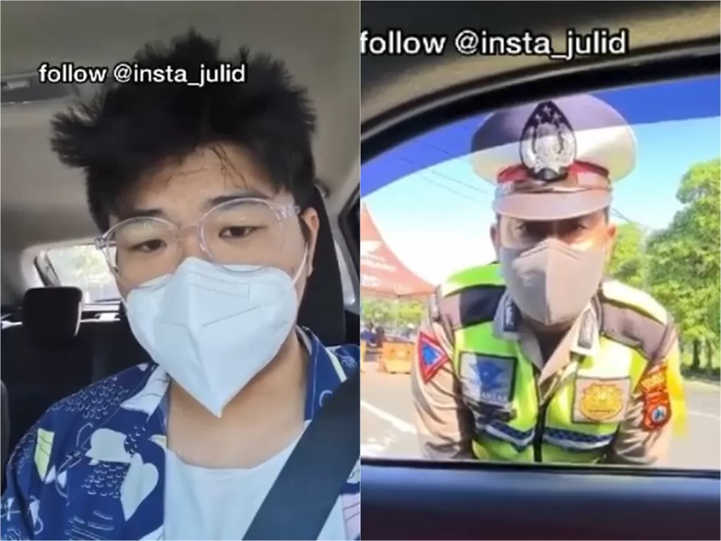 Pria dan polisi yang terlibat cekcok mulut saat mau masuk ke Surabaya (Instagram @insta_julid)