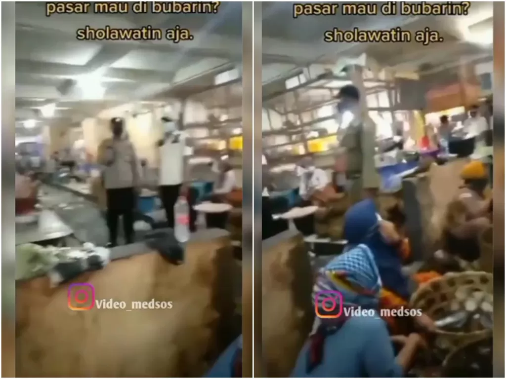 Pedagang berselawat saat pasar mau dibubarkan petugas PPKM, (Photo: Instagram/@video_medsos)