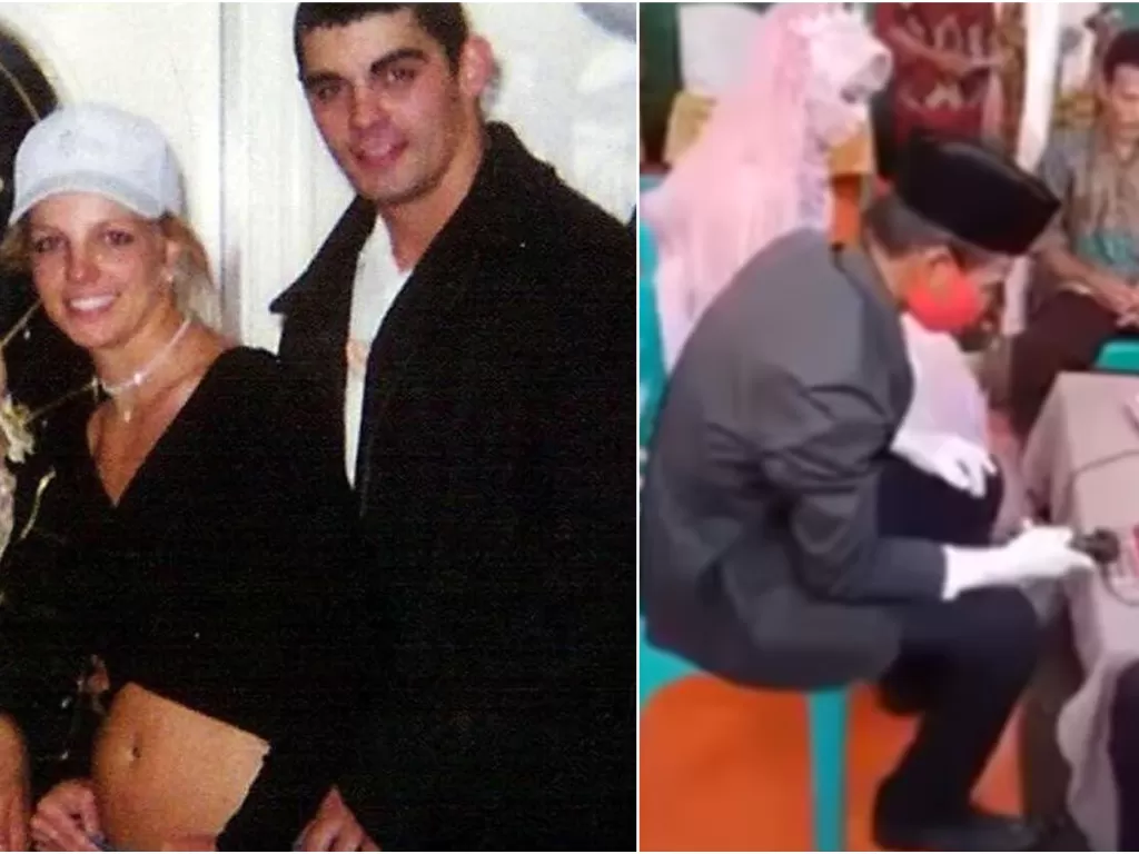 Kiri: Britney Spears dan Jason Alexander (ranker), kanan: pasangan pengantin di Sumbawa. (ist)