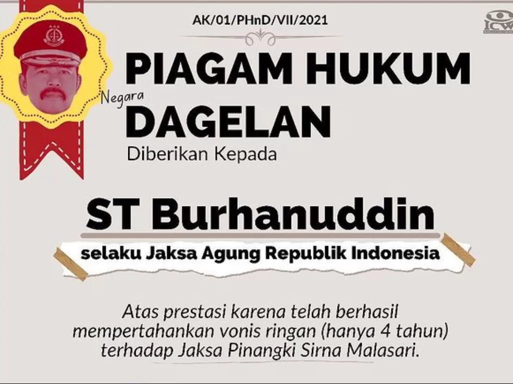 Piagam hukum dagelan untuk Jaksa Agung ST Burhanuddin (Instagram/sahabaticw)