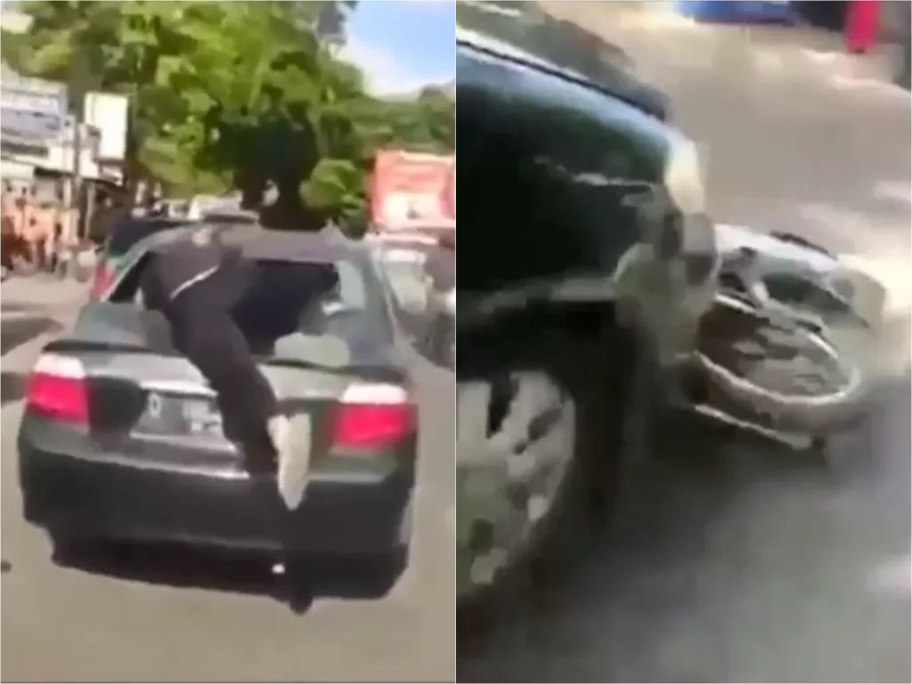 Aksi kejar-kejaran warga terhadap mobil sedan yang hendak kabur usai tabrak pemotor di Bandung (Instagram/infopublic.id)
