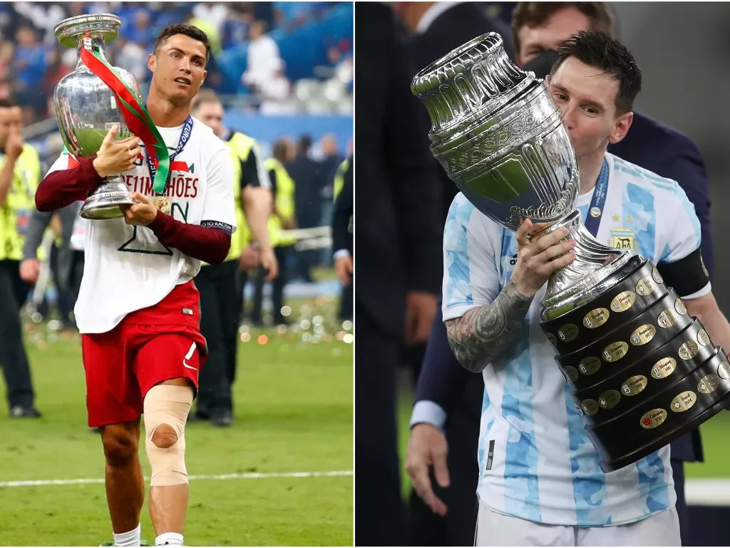Kiri : Ronaldo menjuarai Euro 2016 I Kanan: Messi juara Copa America 2021. (photo/REUTERS/Ricardo Moraes