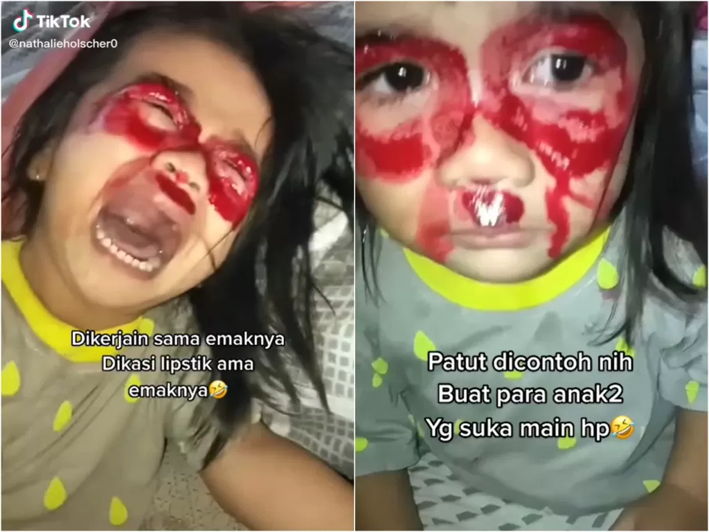 Bocah perempuan diolesi lipstik oleh ibunya (TikTok @/nathaliehoscher0