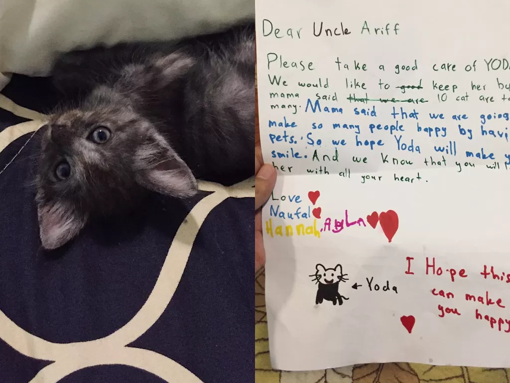 Seorang pria mengunggah catatan indah yang diterimanya saat mengadopsi kucing. (Photo/Twitter)