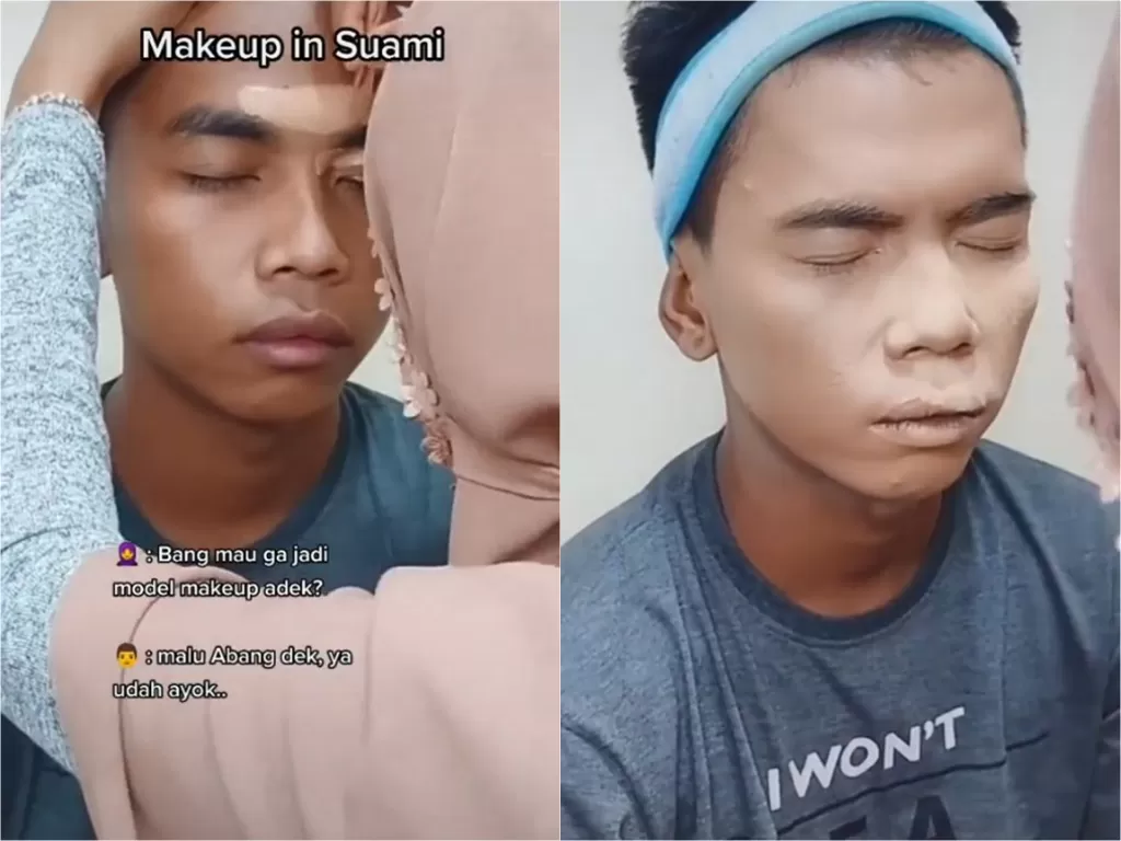 Suami pasrah jadi model makeup istrinya (TikTok/sellynovriani_)