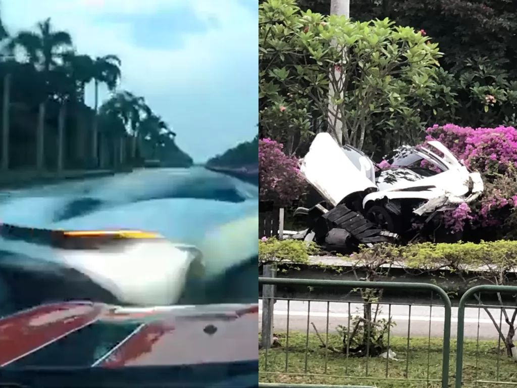 Mobil McLaren 720S yang mengalami kecelakaan di Singapura (photo/YouTube/Tinboi/Facebook/ROADS.sg)