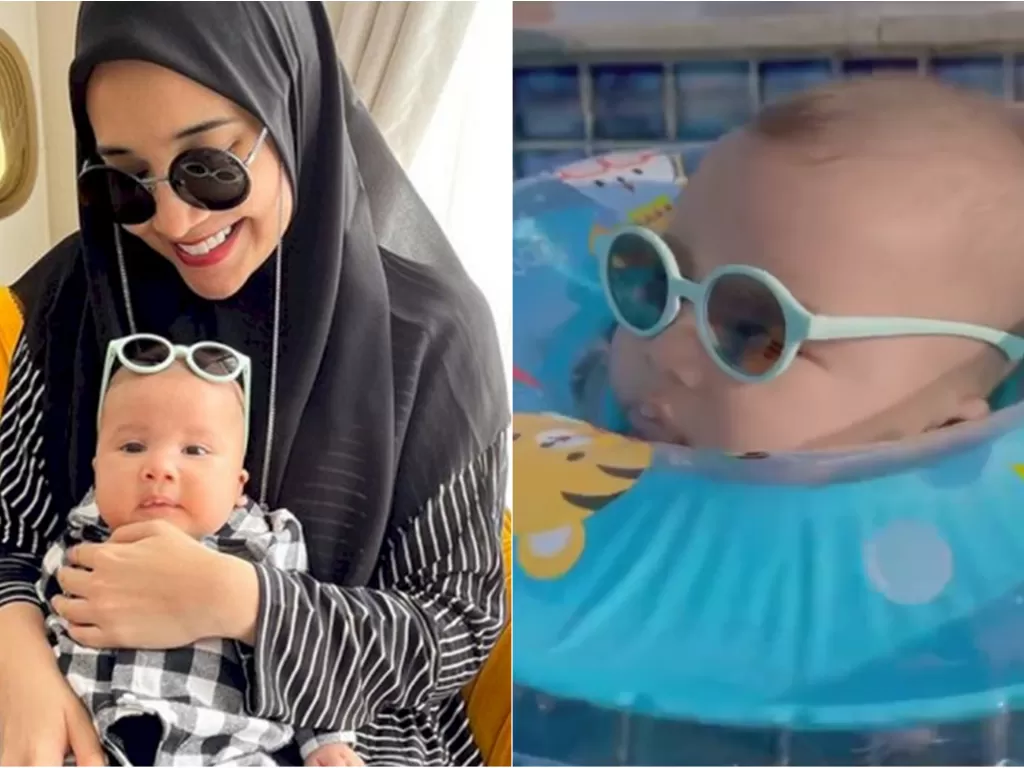 Kiri; Zaskia Sungkar dan anaknya / Kanan: Anak Zaskia berenang. (Instagram/@zaskiasungkar15)