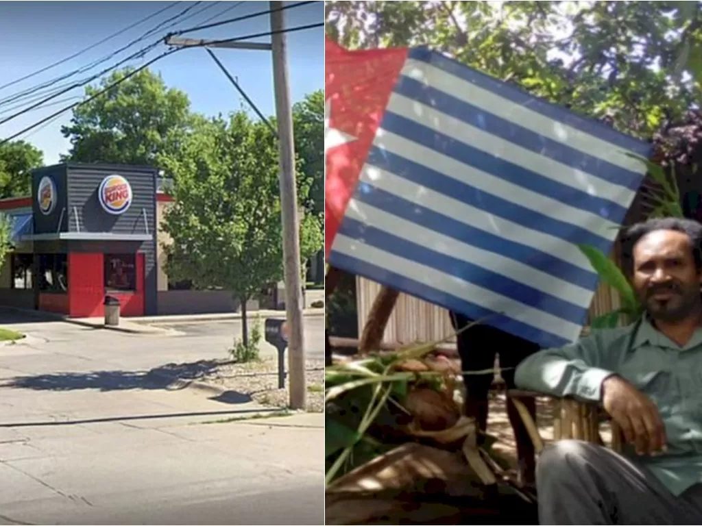 Kiri: Restoran Burger King. (Google Maps)  / Kanan: Juru bicara TPNPB-OPM, Sebby Sambom (kanan). (Dok. TPNPB-OPM)