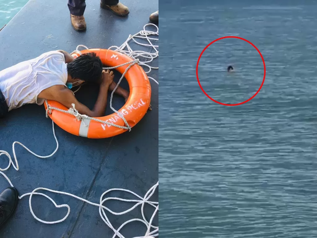 Pria ini nekat berenang karena tak dapat surat perjalanan. (Photo/Facebook/info.semasa)