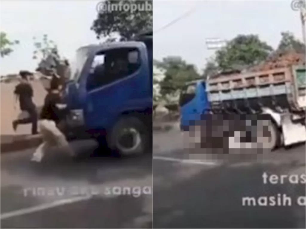 Detik-detik remaja terlindas saat hadang truk di jalanan Bekasi. (Instagram/infopublic.id)