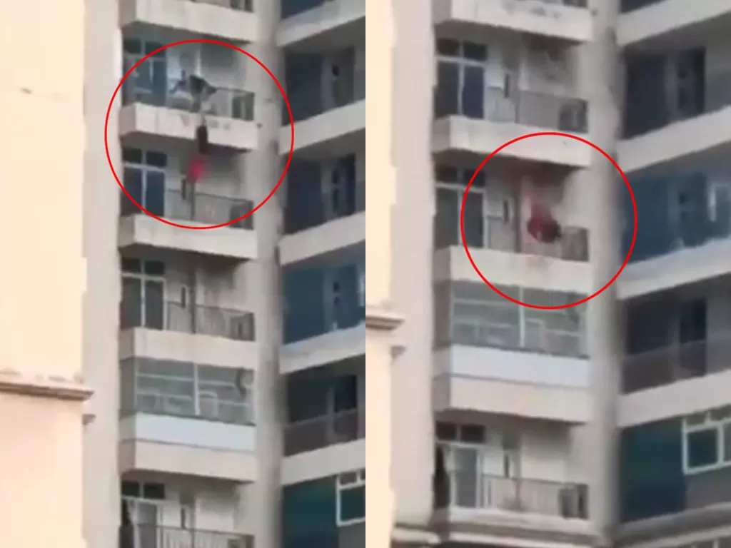 Detik-detik mengerikan wanita yang jatuh dari apartemen. (Photo/Twitter/@mukeshmukeshs)