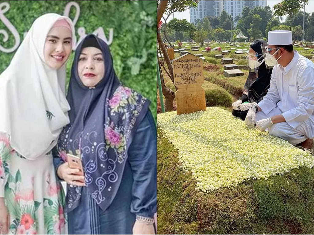 Kiri: Kartika Putri dan ibunya / Kanan: Kartika ziarah ke makam ibunya. (Instagram/@kartikaputriworld)