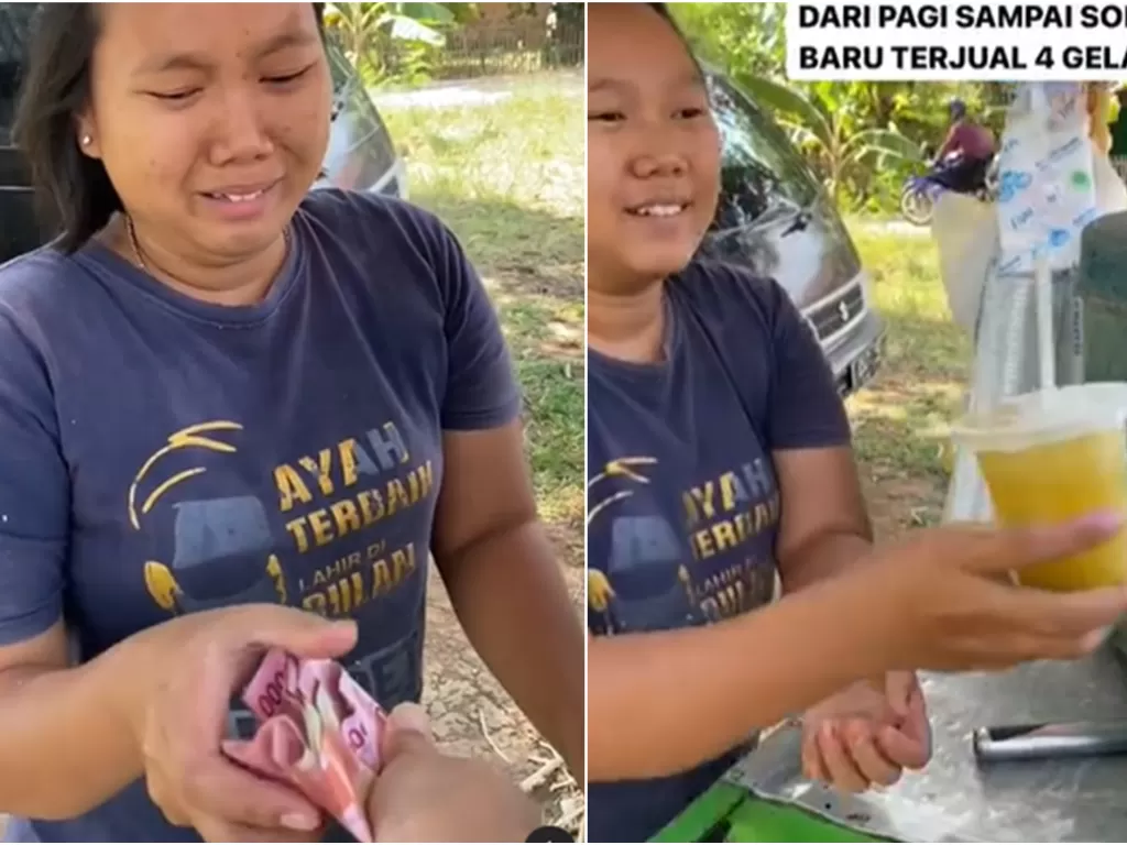 Penjual es sari tebu menangis terharu saat es tebunya dihargai Rp400 ribu. (Instagram mat peci)