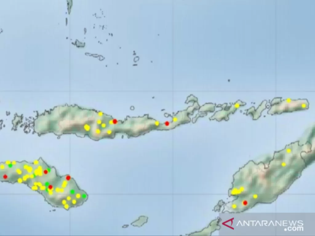  Gambar sebaran titik panas di wilayah NTT. (ANTARA/HO-Tangkapan layar gambar sebaran titik panas di NTT yang dipublikasin Stasiun Meteorologi El Tari Kupang.) 