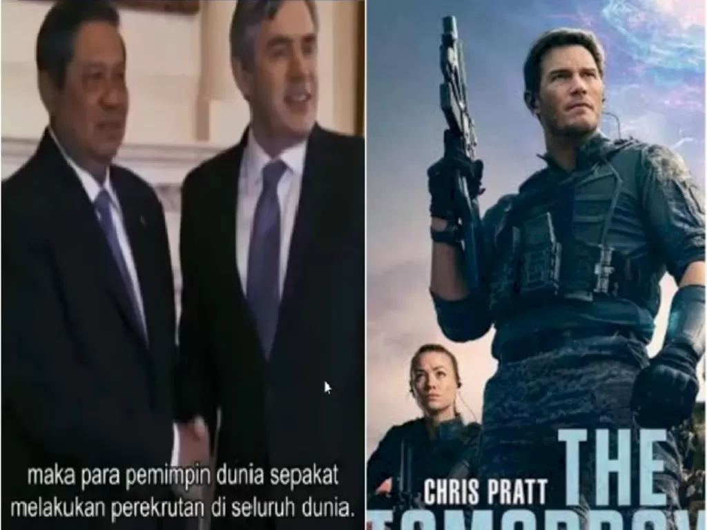 Cuplikan video lama SBY dari tahun 2009 di film 'The Tomorrow War' (Youtube/ MQiustic Channel), Poster Film 'The Tomorrow War'. (Instagram/@andimallarengeng)