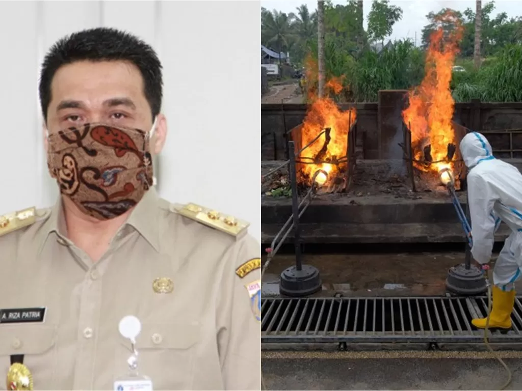 kiri: Wakil Gubenur DKI Jakarta, Ahmad Riza Patria (foto/Istimewa) /kanan:  Petugas saat melakukan proses kremasi jenazah pasien COVID-19 di  Bali. (photo/ANTARA/Nyoman Hendra Wibowo)