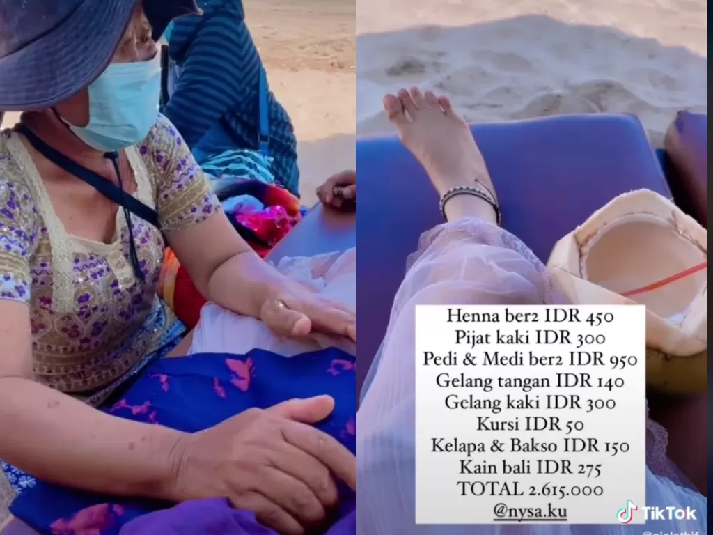 Total uang yang dikeluarkan dua wanita saat bersantai di sebuah pantai (TikTok @/nialathif)