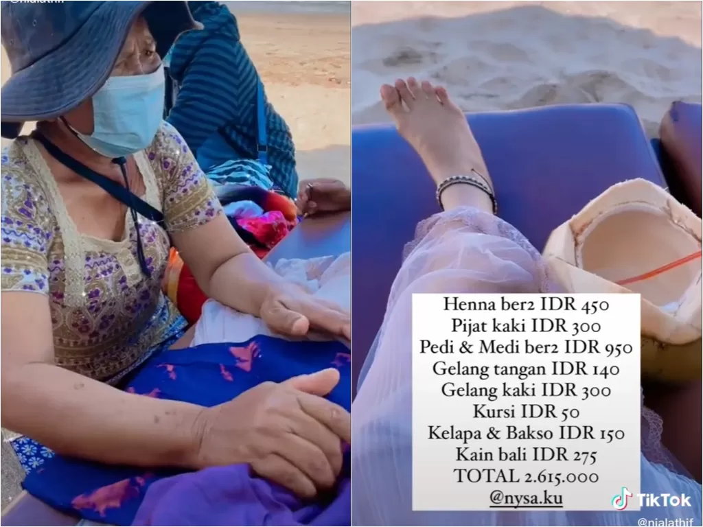 Cuplikan video viral bayar jasa pijat mahal di pantai. (photo/TikTok)
