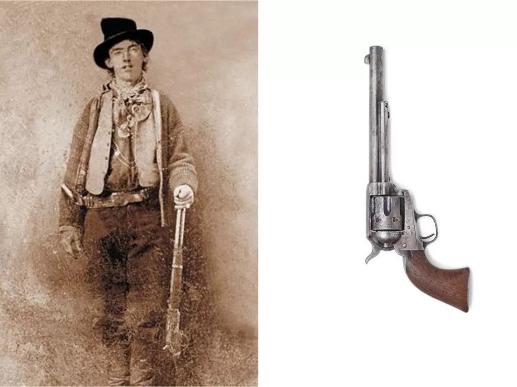kiri: Billy The Kid (Wikipedia) / kanan: Pistol milik Sheriff Pat Garrett (REUTERS)