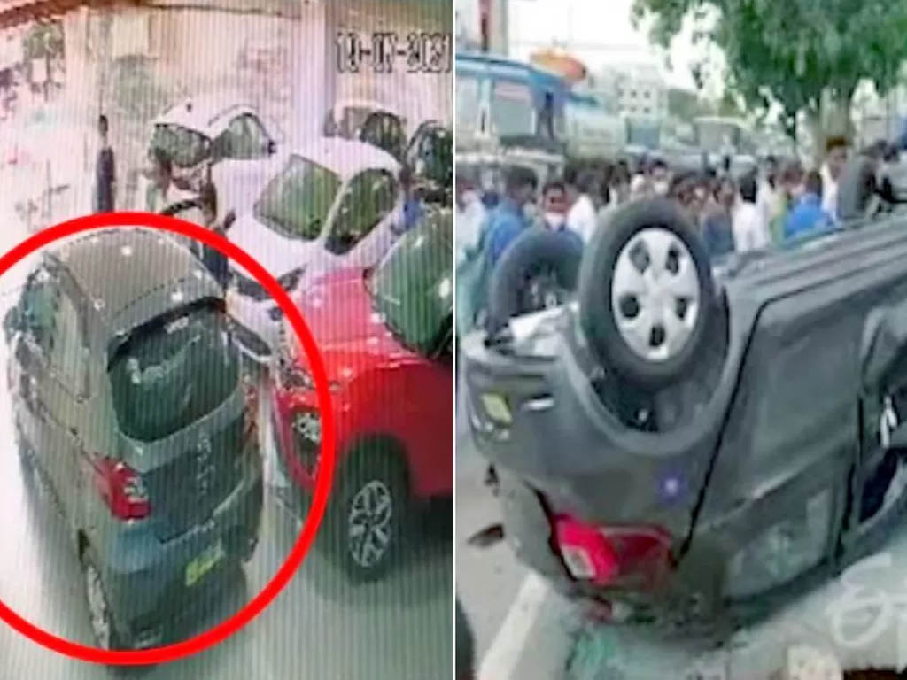 Mobil Tata Tiago yang alami kecelakaan usai keluar dari dalam dealer (photo/Cartoq)