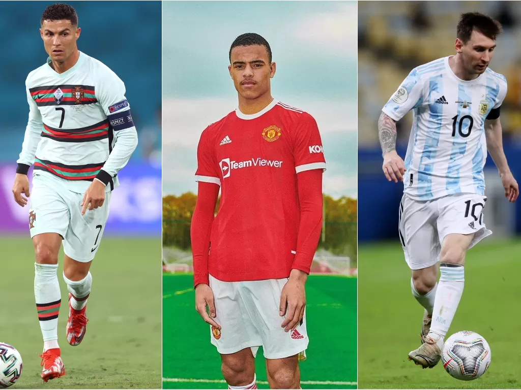 Cristiano Ronaldo (kiri), Mason Greenwood (tengah), Lionel Messi (kanan). (photo/REUTERS/ALEXANDER HASSENSTEIN/Instagram/@masongreenwood/@REUTERS/RICARDO MORAES)